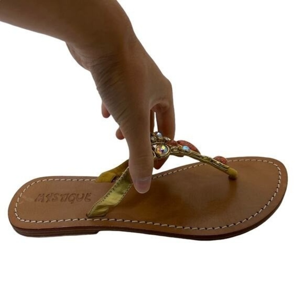 Mystique Gold Leather Jeweled Thong Sandals Orange Faux Turquoise Crystal Flat - Picture 5 of 11